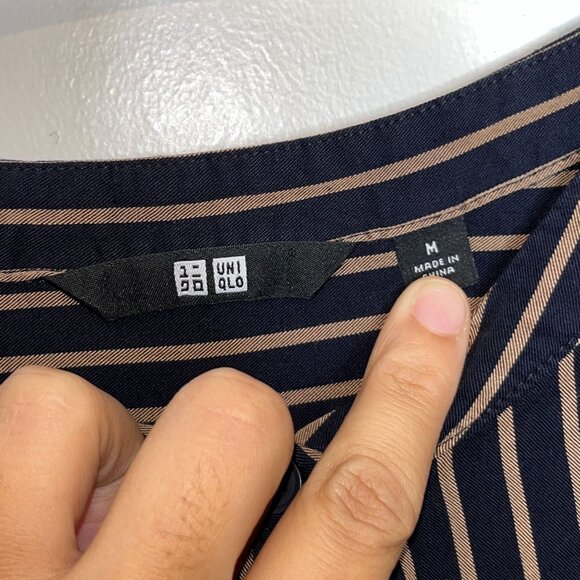 Unqilo Womens Striped Long Sleeve Midi Shirt Dress Navy/Beige M - Picture 4 of 9